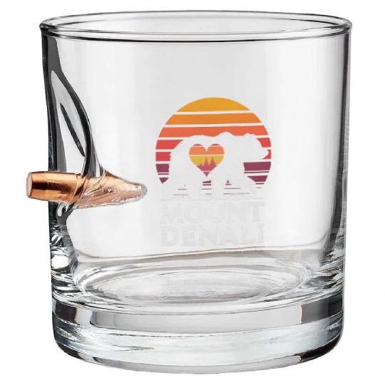 Retro Mount Denali Bear Sunset Art Bullet Whiskey Glasses