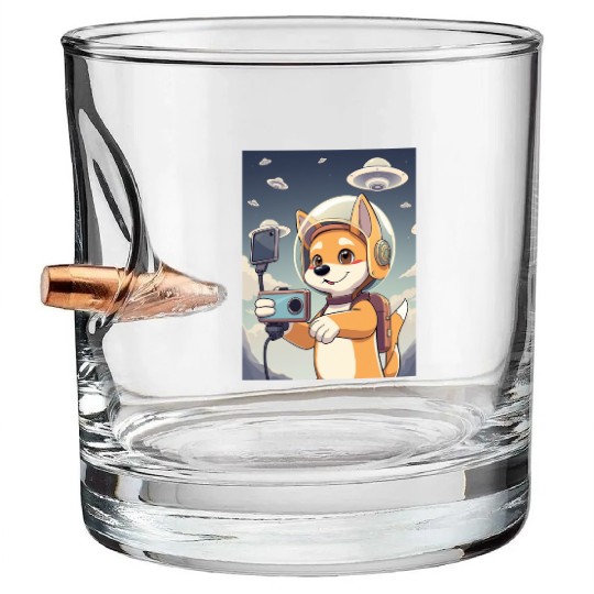 Funny Dog Rescue Anime Selfie with UFOs Weird Bullet Whiskey Glasses
