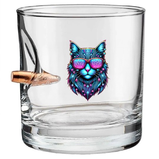 Cyberpunk Tech Cat – Futuristic Neon Glow Bullet Whiskey Glasses