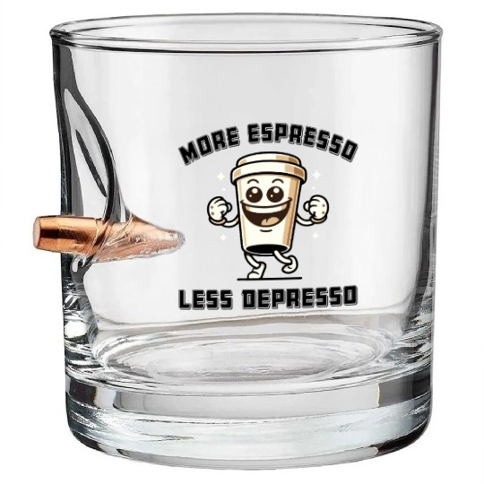 More Espresso Less Depresso Funny Coffee Quote Bullet Whiskey Glasses