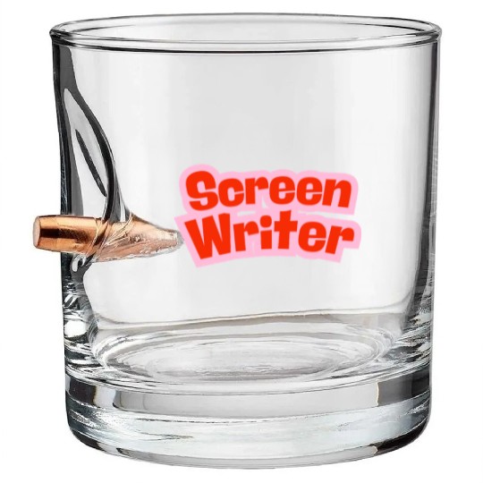 Screen Writer Red Text with Pink Border Bullet Whiskey Glasses