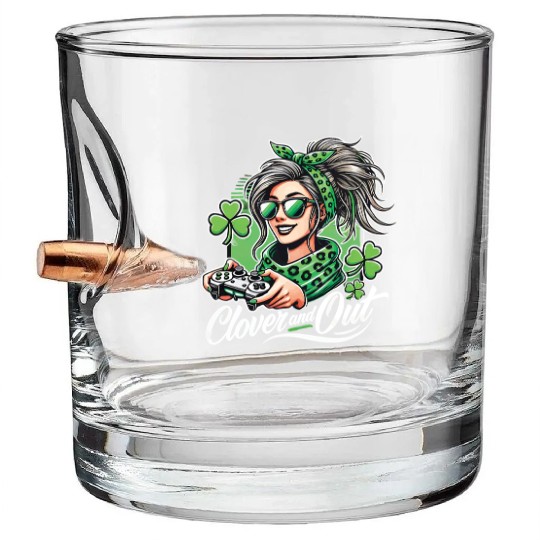 St. Patrick's Day Gamer Girl Style Clover And Out Bullet Whiskey Glasses