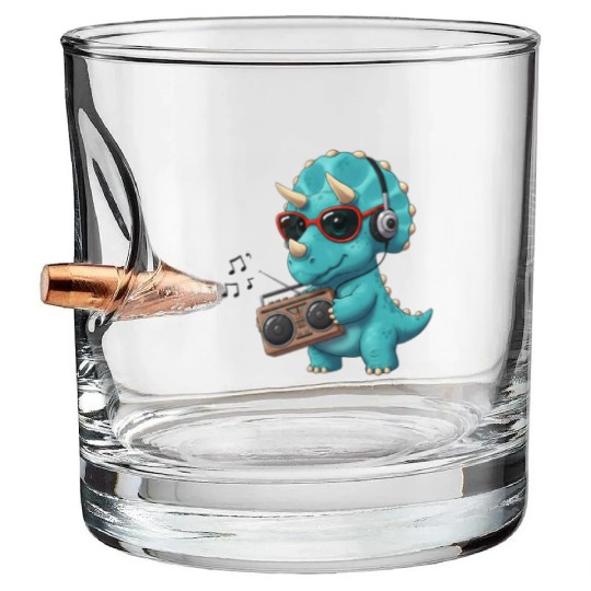 Dino cartoon triceratops listening to music Bullet Whiskey Glasses