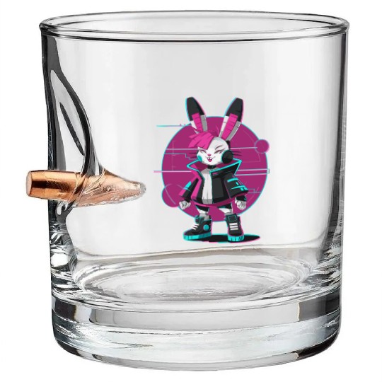 Cyber Bunny with Futuristic Style and Neon Colors Bullet Whiskey Glasses