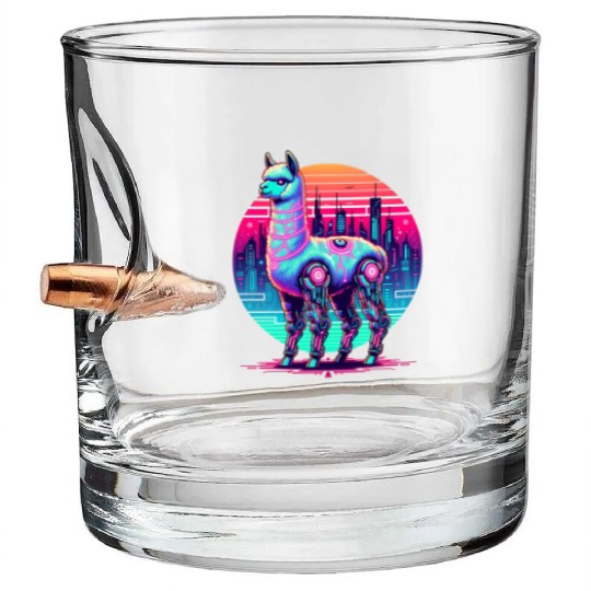 Futuristic Cyber Llama in Neon Cityscape Bullet Whiskey Glasses