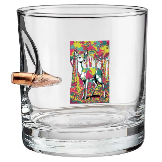 Trippy camouflage deer in the forest Bullet Whiskey Glasses