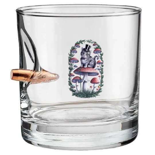 Gentleman cat hatter sitting on mushroom Bullet Whiskey Glasses