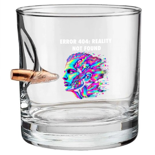 "ERROR 404: Reality Not Found – Glitch Aesthetic Bullet Whiskey Glasses