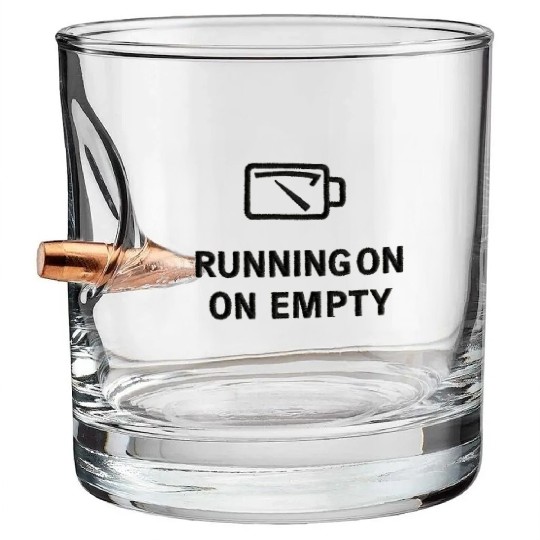 RUNNING ON EMPTY – Black Thread on Beige Bullet Whiskey Glasses