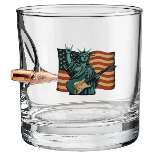 4th of July Statue Of Liberty Rock Guitar USA Flag Bullet Whiskey Glasses