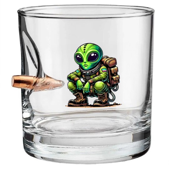 Funny cartoon Chill Alien in Space Suit Bullet Whiskey Glasses