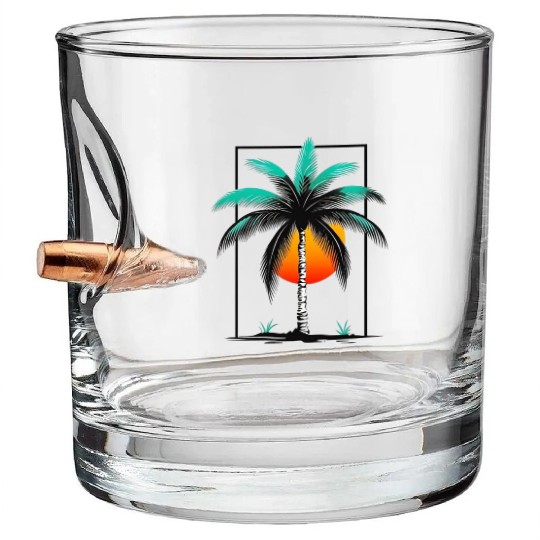 Grayscale Line Drawing Of A Central palm tree Bullet Whiskey Glasses