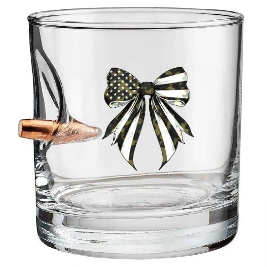 Coquette Bow Camouflage US Flag Pride Patriotic Bullet Whiskey Glasses