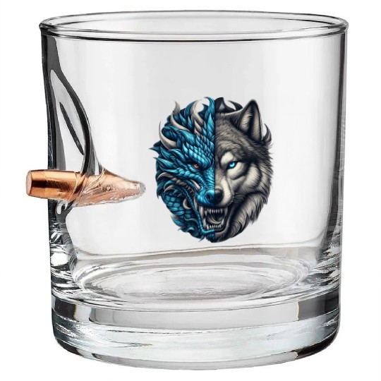 Dragon Wolf Fusion - Epic Beast Split Face Art Bullet Whiskey Glasses