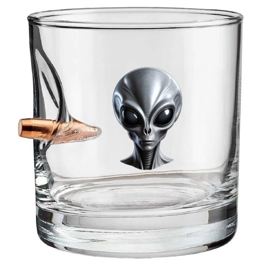 Real Grey Alien with a big head Bullet Whiskey Glasses
