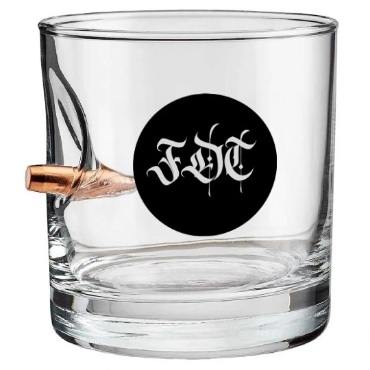Ornate Gothic Lettering FDT in Light Grey on Black Bullet Whiskey Glasses
