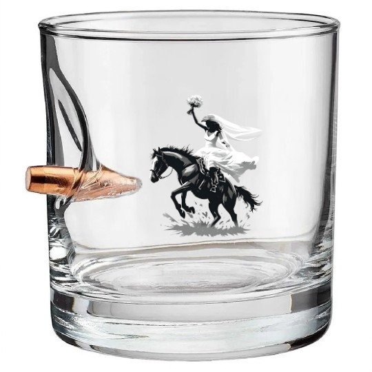 Western Cowgirl Bride on Bucking Horse – Grayscale Bullet Whiskey Glasses