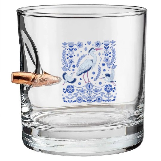 Great Blue Heron Folk Art Bullet Whiskey Glasses