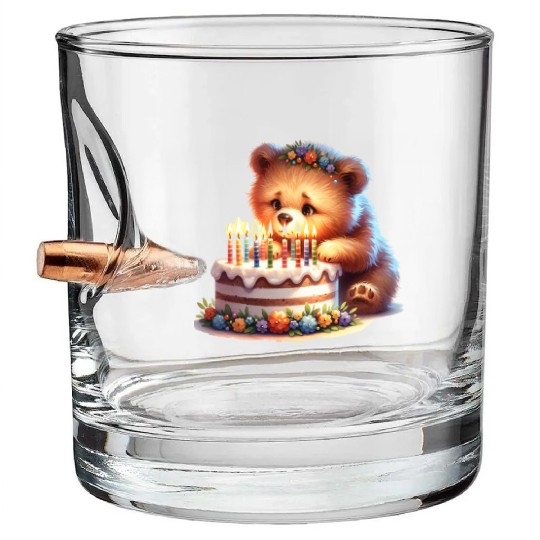 Birthday Bear – Cute Candle Cake & Floral Crown Bullet Whiskey Glasses