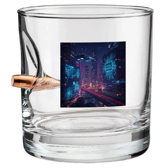 Neon cyberpunk city digital dreamer for men Bullet Whiskey Glasses