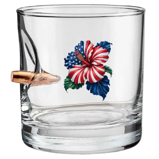 Hibiscus Flower Patriotic American Flag 4th Bullet Whiskey Glasses