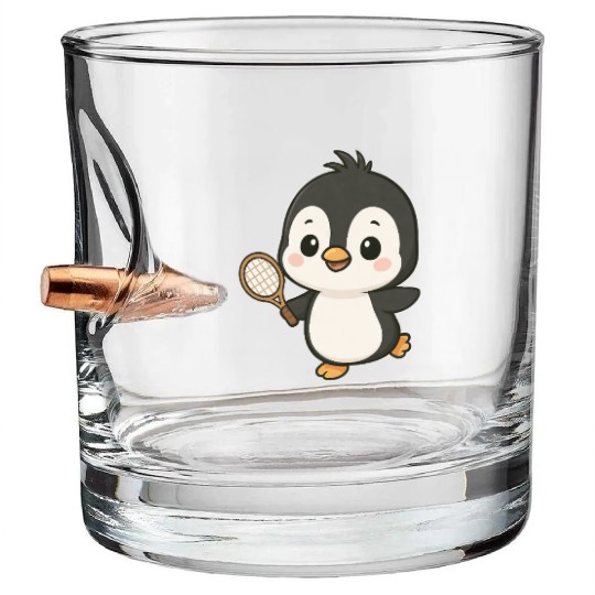Cute penguin tennis player cartoon chibi sport Bullet Whiskey Glasses