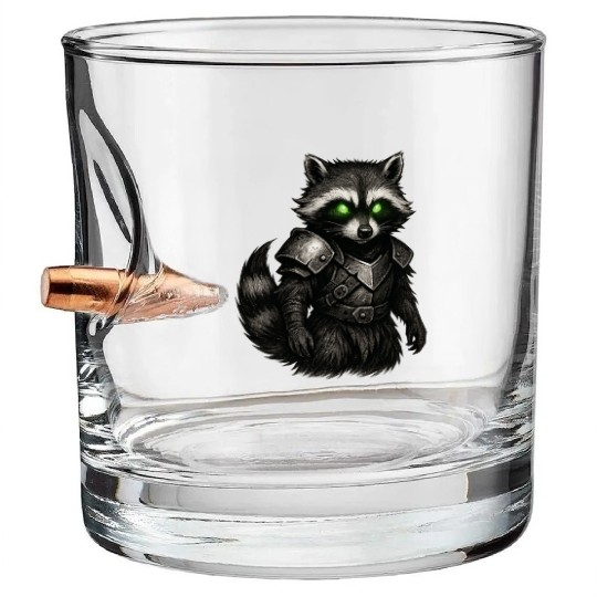 Armored Forest Raccoon – Glowing-Eyed Fantasy Ward Bullet Whiskey Glasses