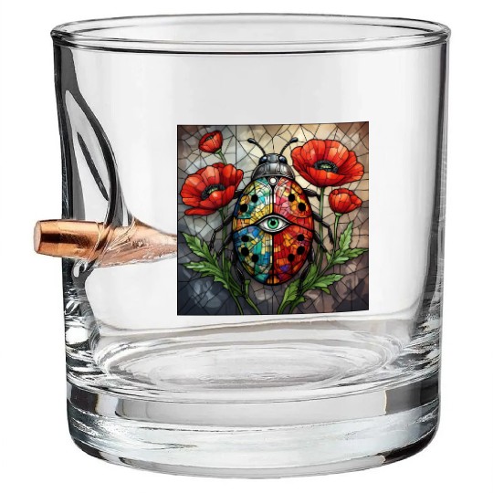 Ladybug stained glass vibrant poppy flower insect Bullet Whiskey Glasses