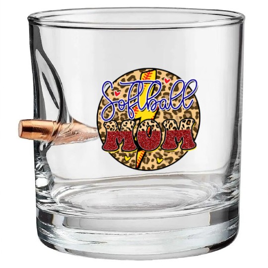 Leopard Glitter Softball Mom Lightning Bullet Whiskey Glasses