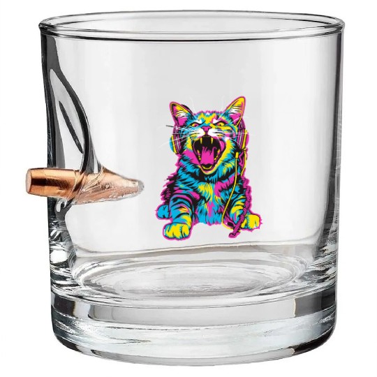 Psychedelic Cat with Headphones in Vibrant Colors Bullet Whiskey Glasses
