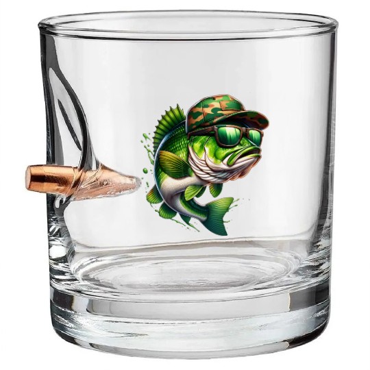 Camo Hat Bass Fish with Green Sunglasses Bullet Whiskey Glasses