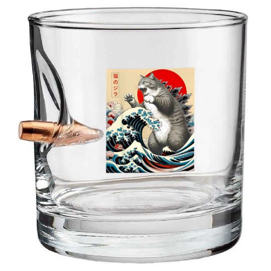 Catzilla Cat Japanese Art Funny Cat Bullet Whiskey Glasses
