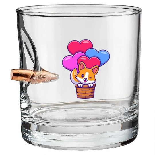 Whimsical Corgi with Heart Balloons Bullet Whiskey Glasses