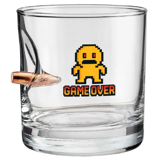 Retro Pixel Game Over – 8-Bit Character Design Bullet Whiskey Glasses