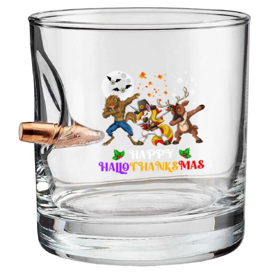 Happy Hallothanksmas Dabbing werewolf Unicorn Deer Bullet Whiskey Glasses
