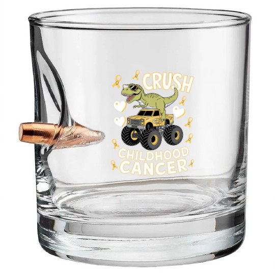 Dino Monster Truck Fight Against Childhood Cancer Bullet Whiskey Glasses