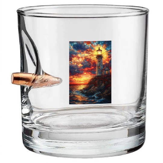 Stained Glass Lighthouse Sunset Bullet Whiskey Glasses