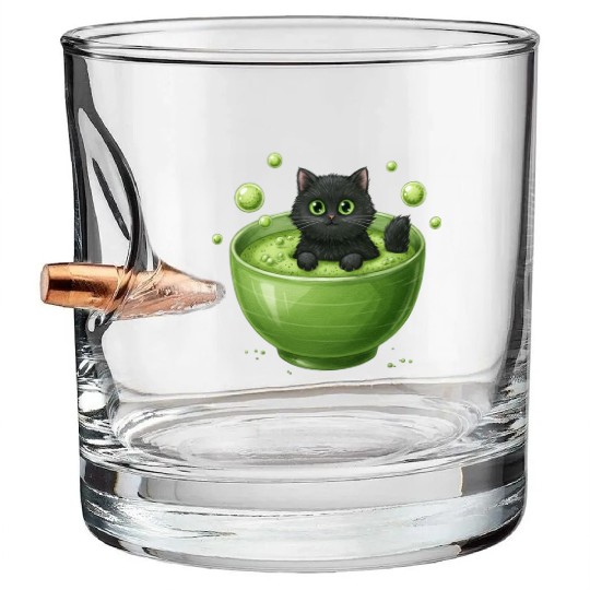 Black Cat in Green Tea Bubble Bath Bullet Whiskey Glasses