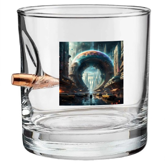 Future Portal In Alien City with Circular Gateway Bullet Whiskey Glasses