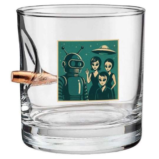 Retro Sci-Fi Alien Encounter Design Bullet Whiskey Glasses