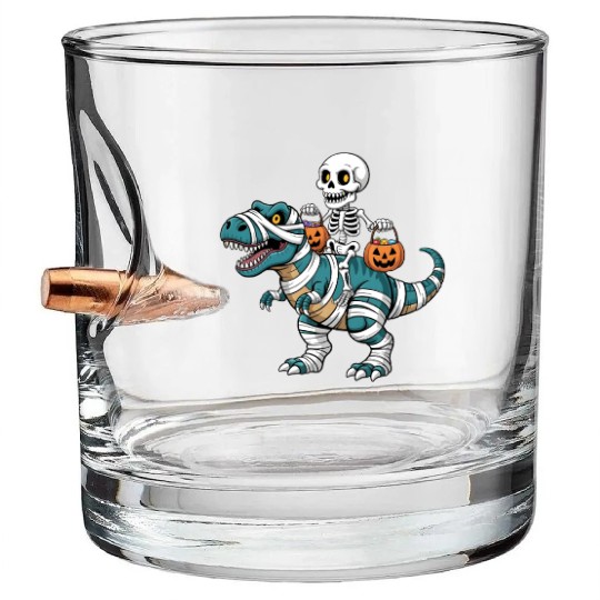 Skeleton Riding Mummy Dinosaur Funny Halloween Bullet Whiskey Glasses