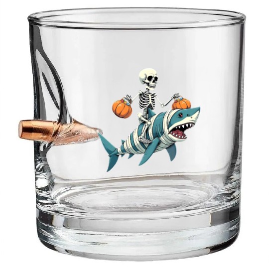 Skeleton Riding Shark Mummy Funny Halloween Bullet Whiskey Glasses