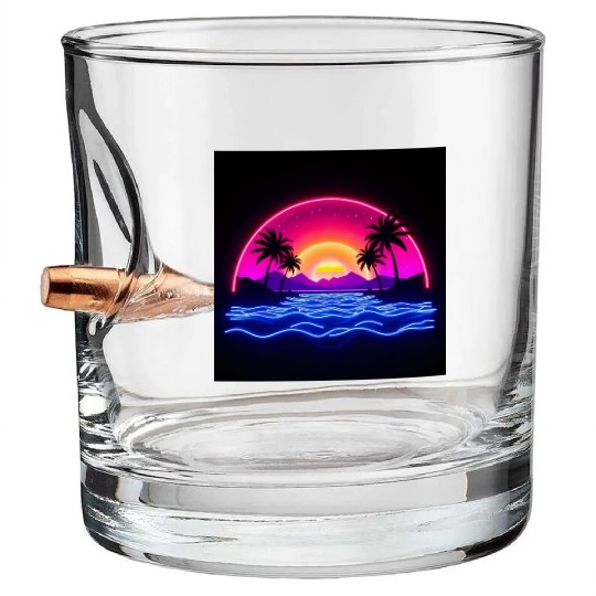 Neon Sunset Over Tropical Island Bullet Whiskey Glasses