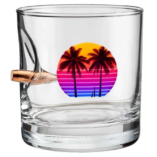 Neon Sunset Palm Trees Illustration Bullet Whiskey Glasses