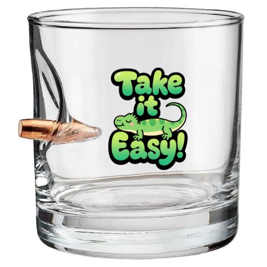 Relaxed Green Lizard – Take it Easy Cartoon Design Bullet Whiskey Glasses