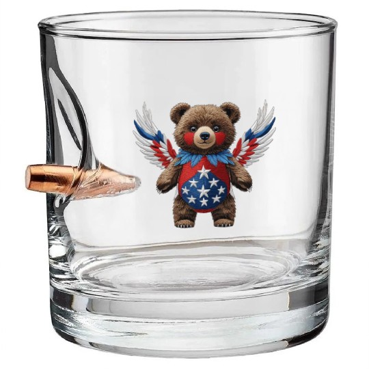 American Bear With Wings USA Flag Stars Patriotic Bullet Whiskey Glasses