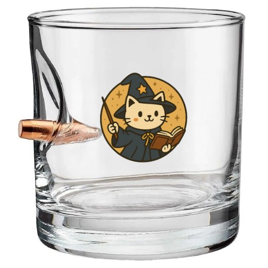 Whimsical Cat Wizard in Starry Night Bullet Whiskey Glasses