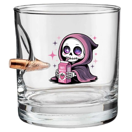 Cosmic Skeleton Drinking Strawberry Juice Bullet Whiskey Glasses
