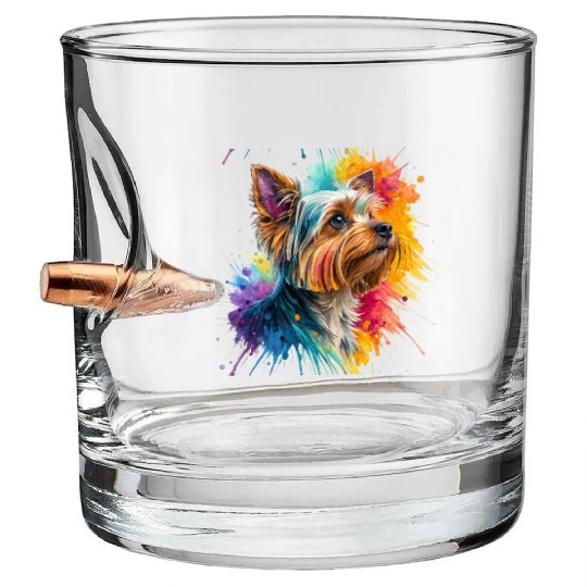 Vibrant Yorkie Watercolor Portrait Bullet Whiskey Glasses