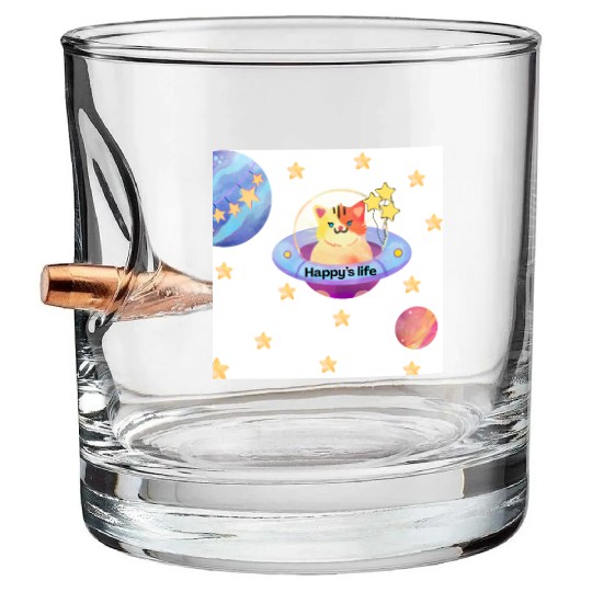 Whimsical Cat in Space with Star Balloons Bullet Whiskey Glasses